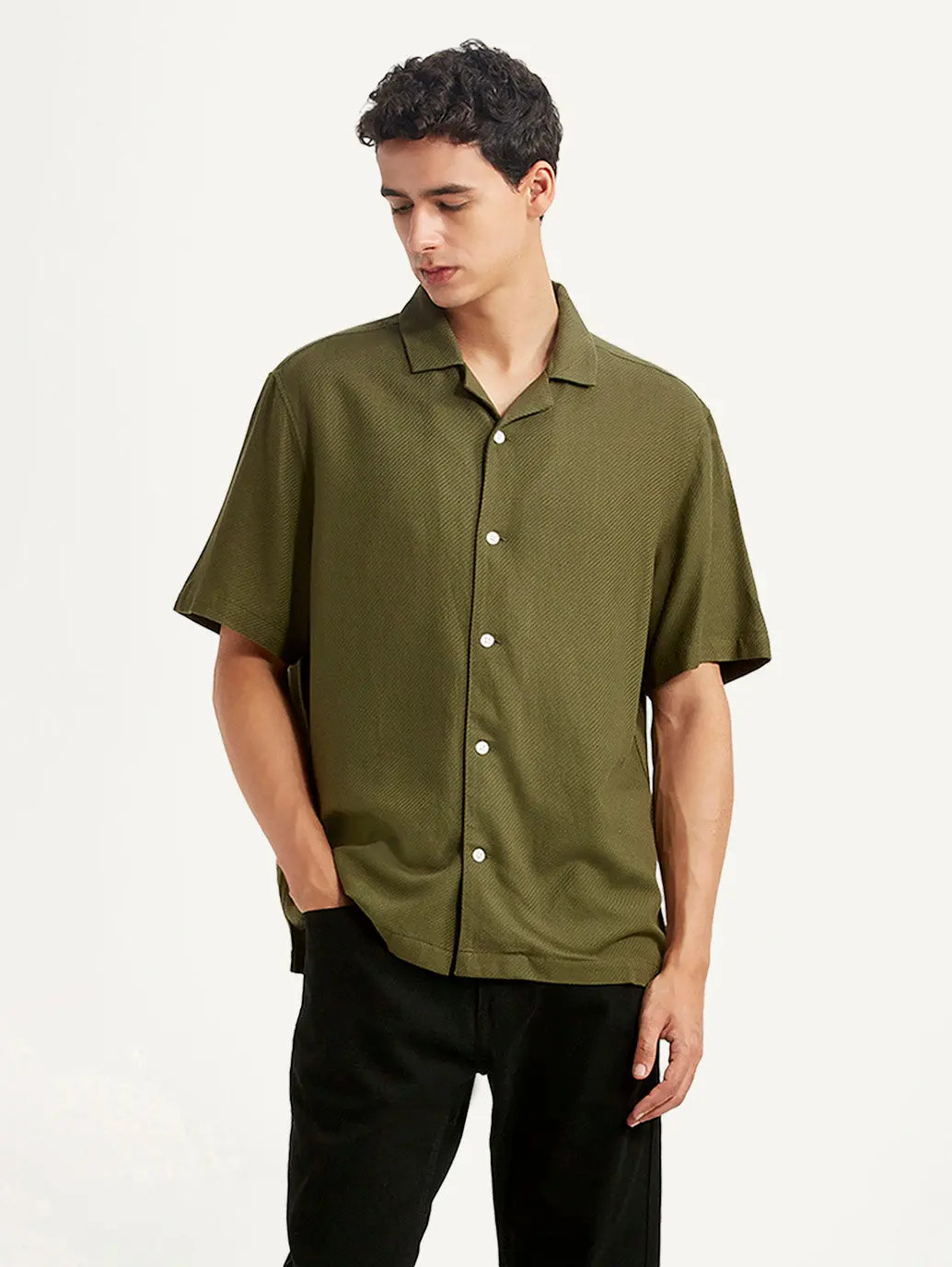 Men's Solid Olive Relaxed Fit Camp Shirt 1