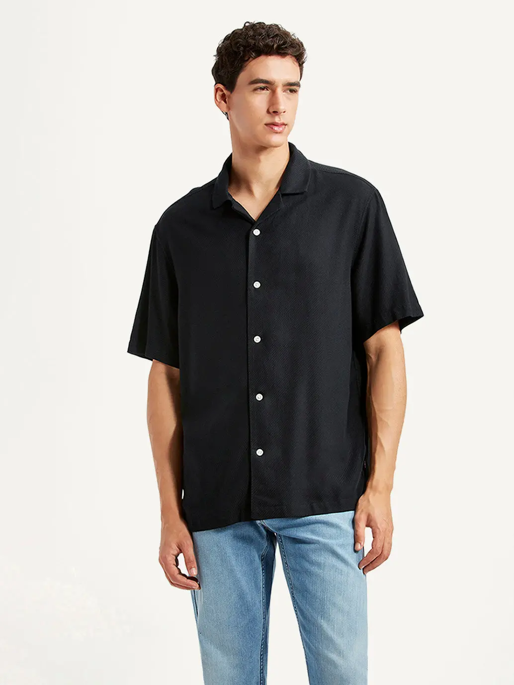 Men's Solid Black Relaxed Fit Camp Shirt 1
