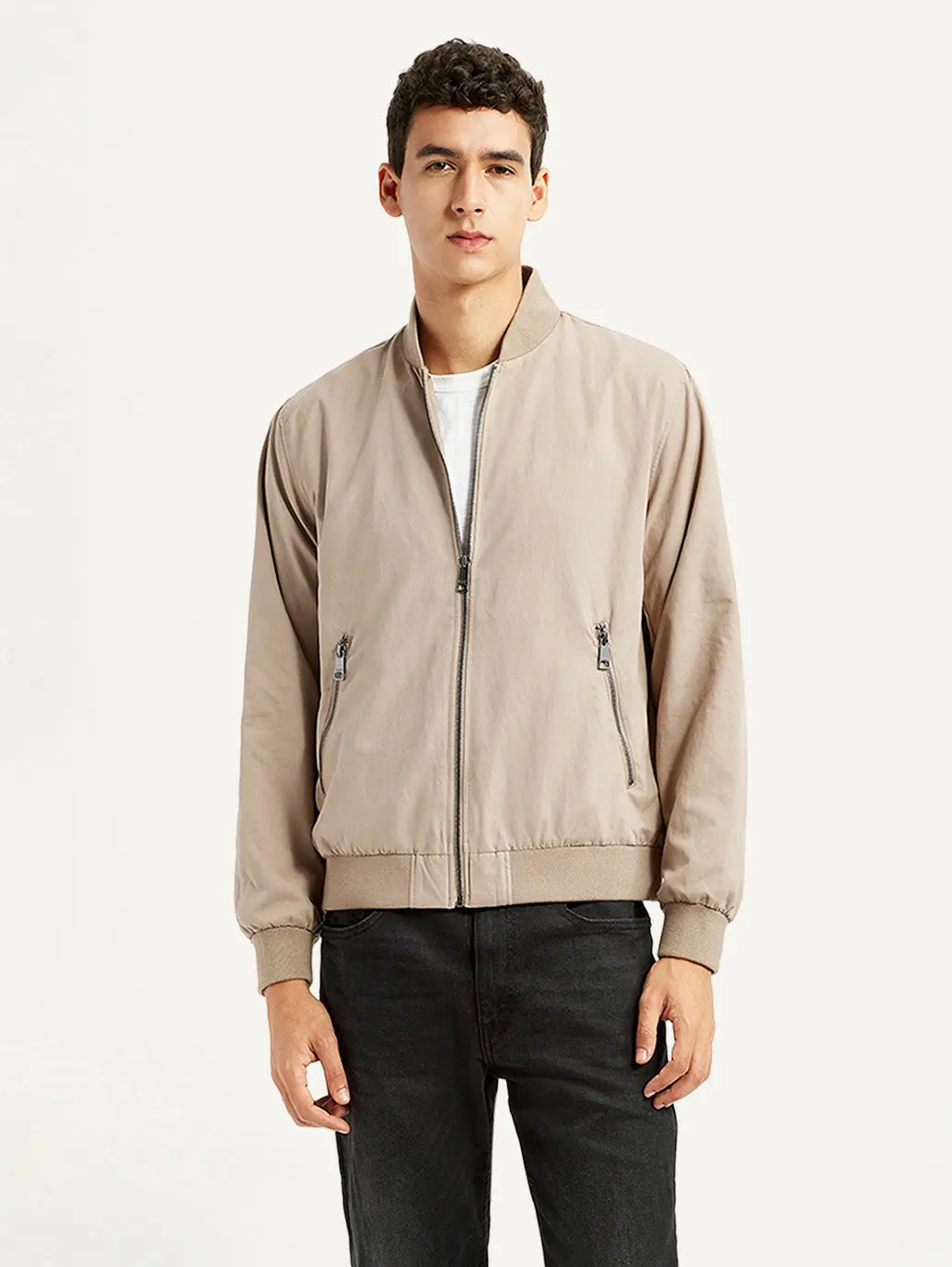 Men's Solid Beige Bomber Jacket 1