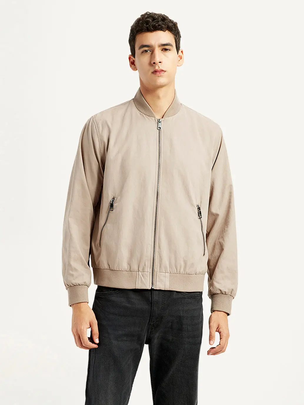 Men's Solid Beige Bomber Jacket 2