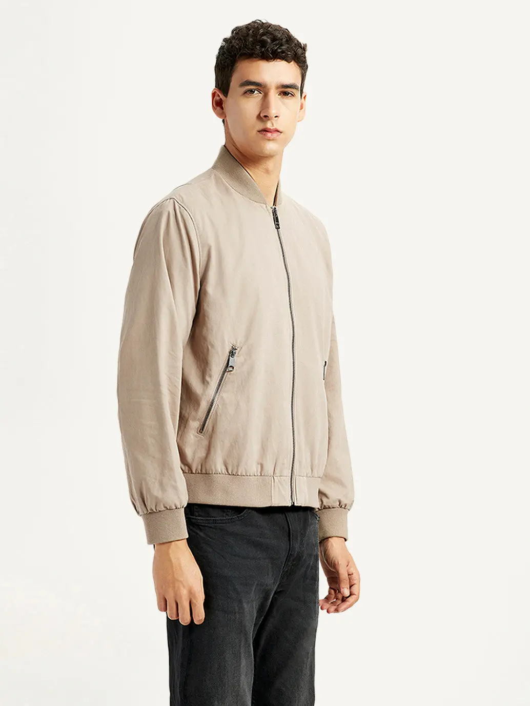 Men's Solid Beige Bomber Jacket 5