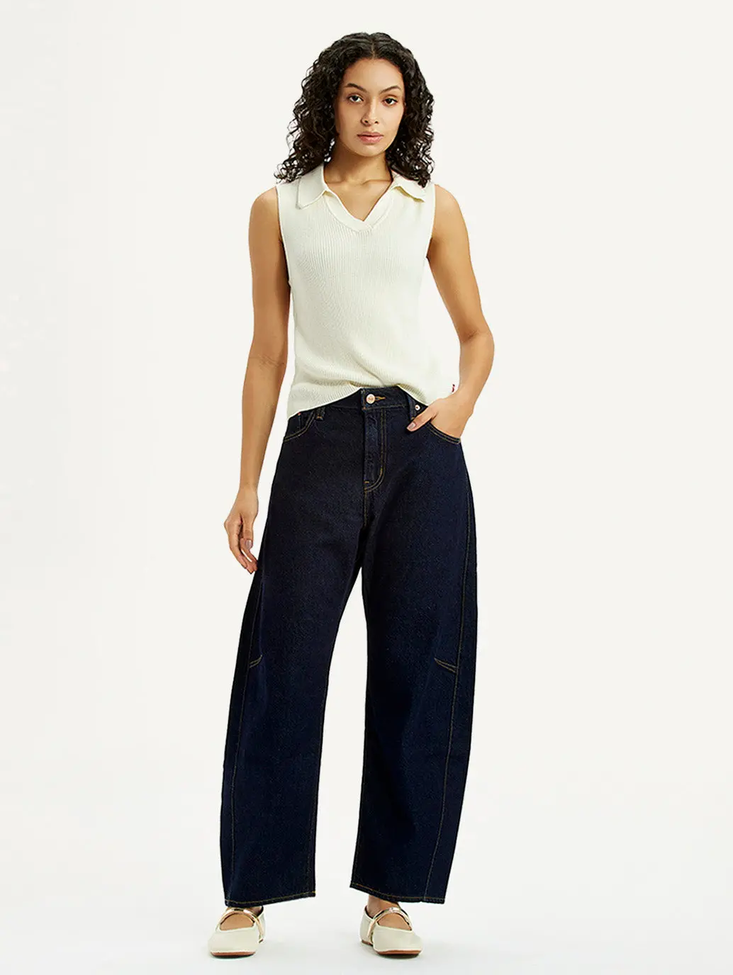 Women's Dark Blue Barrel Loose Fit Mid Rise Jeans 1