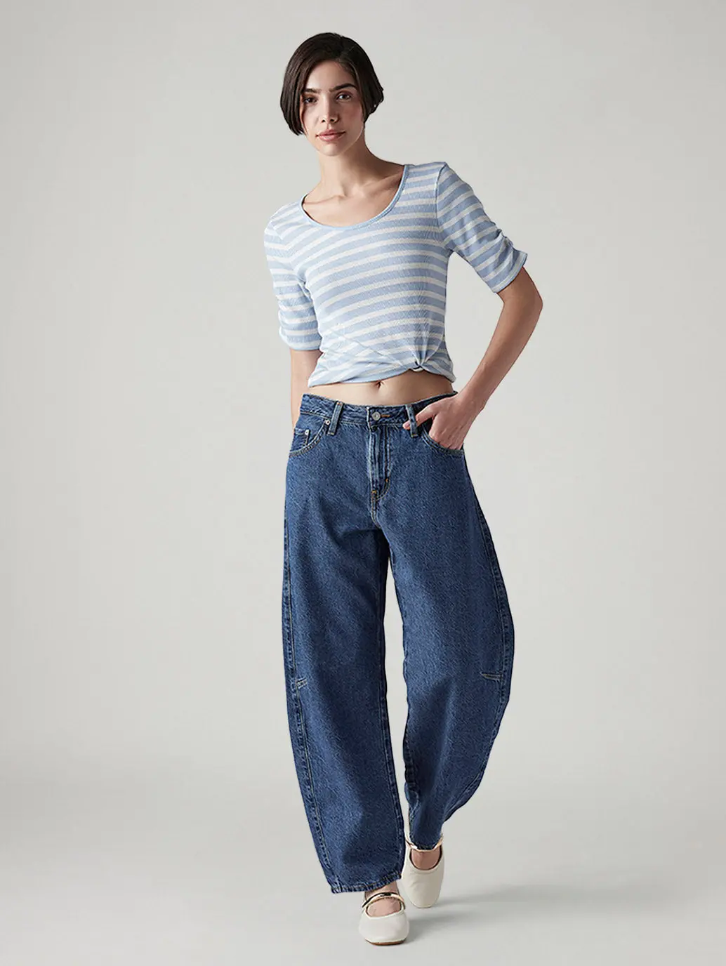 Women's Med Indigo Baggy Dad Barrel Loose Fit Mid Rise Jeans 1