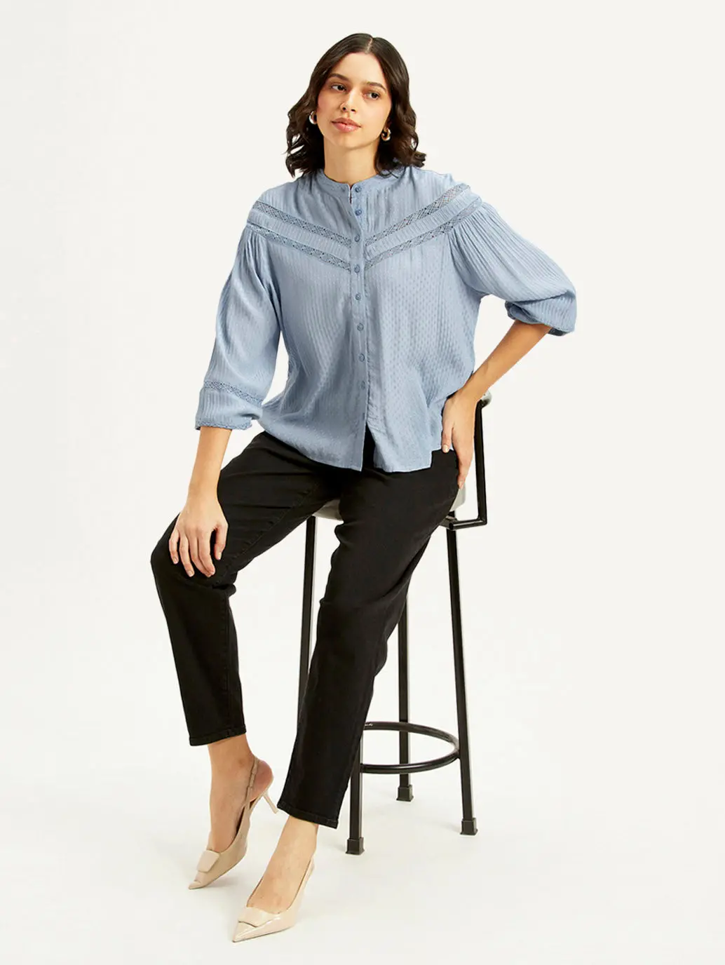 Women's Self Design Blue Mandarin Collar Top 1