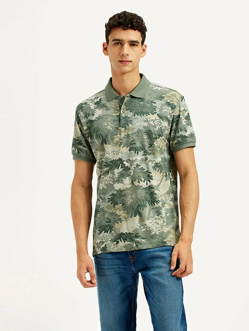 Men's Green Printed Slim Fit Polo T-Shirt 1