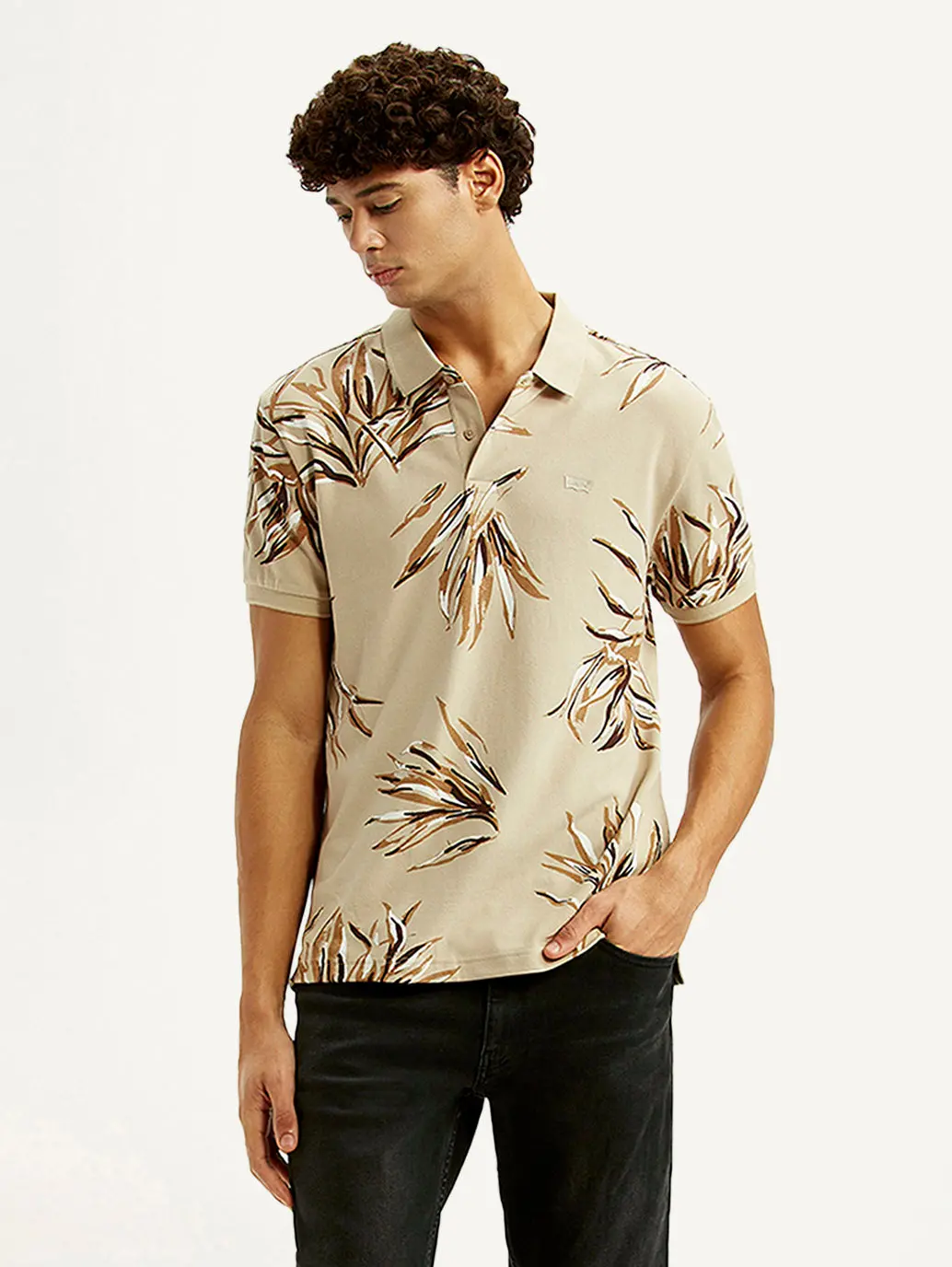 Men's Printed Beige Slim Fit Polo T-Shirt 1