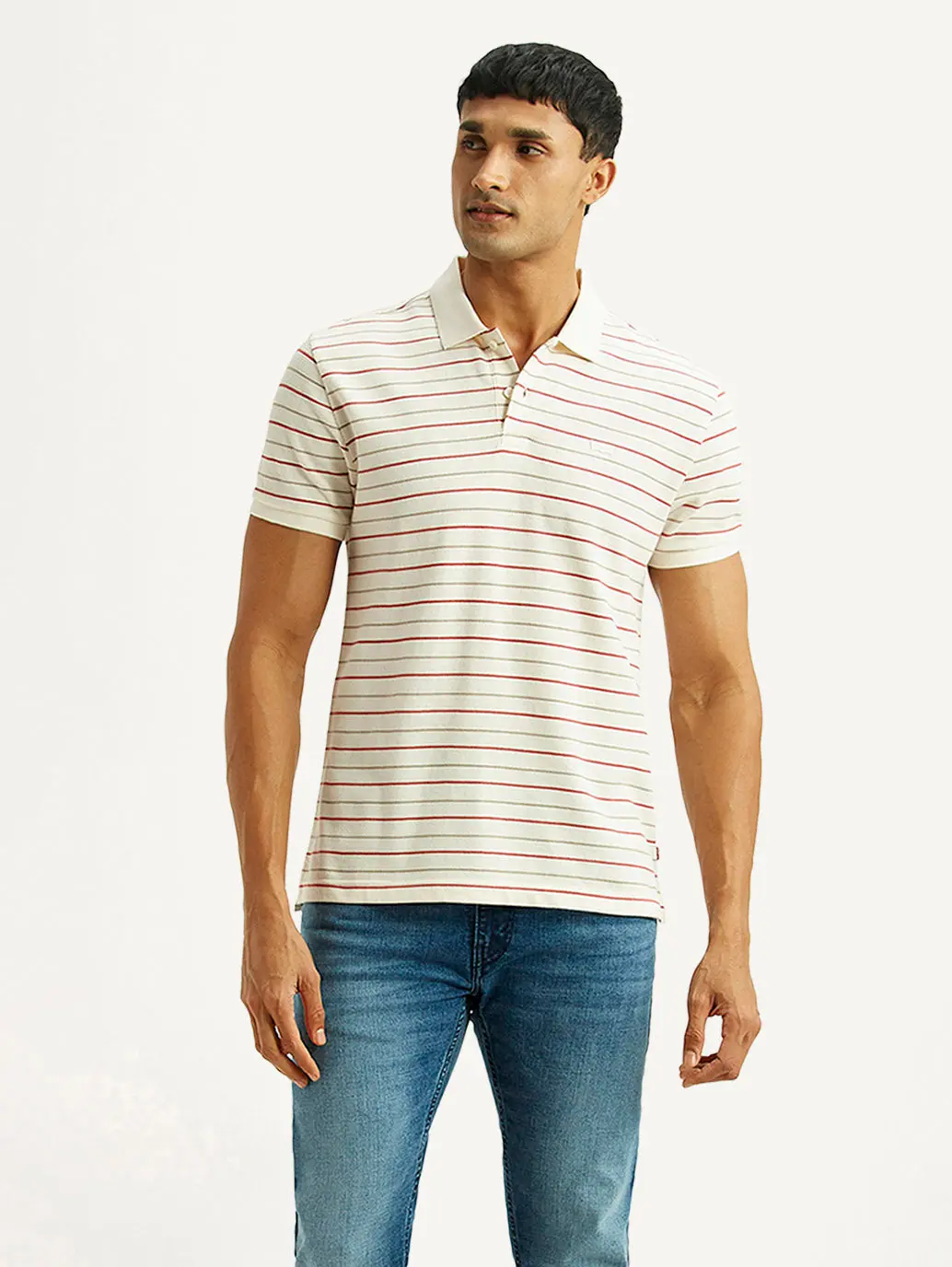 Men's Striped Off White Slim Fit Polo T-Shirt 1