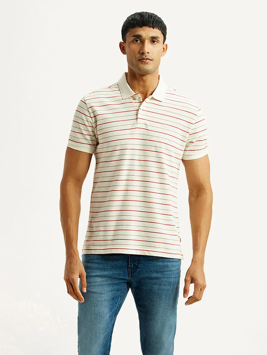 Men's Striped Off White Slim Fit Polo T-Shirt 5