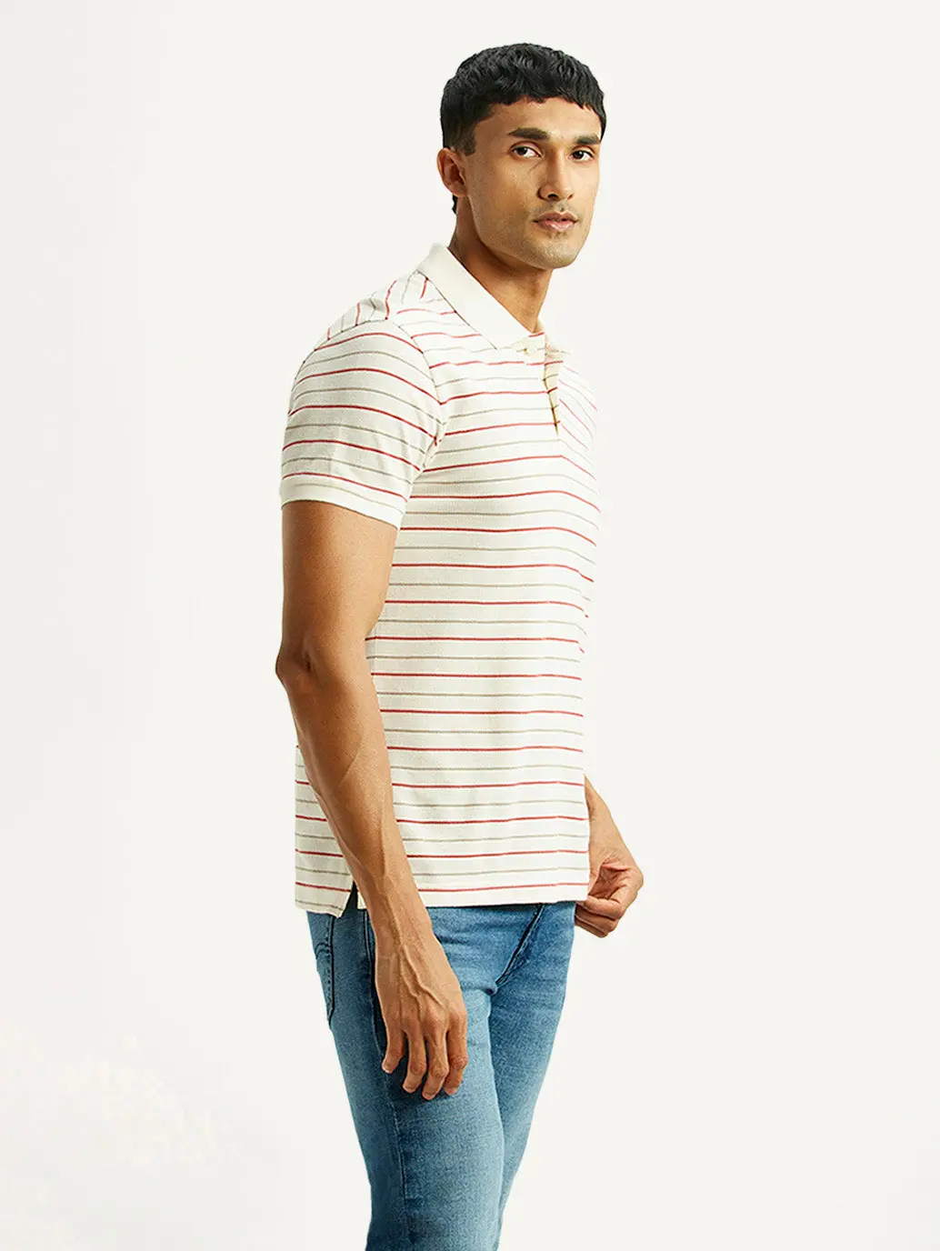 Men's Striped Off White Slim Fit Polo T-Shirt 3