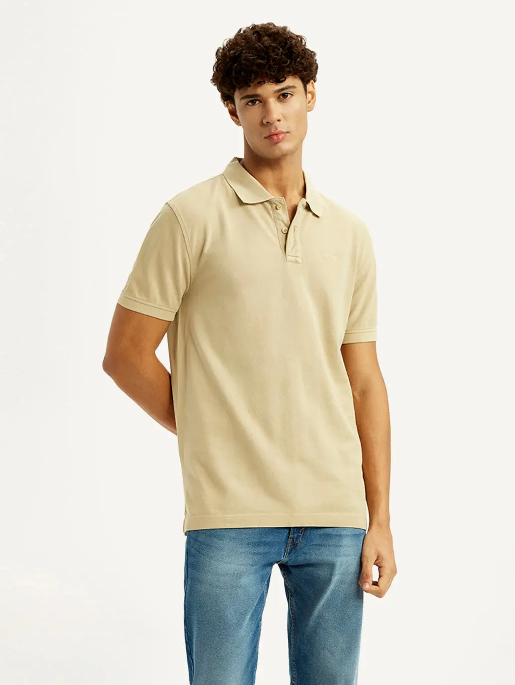 Men's Solid Beige Slim Fit Polo T-Shirt 2
