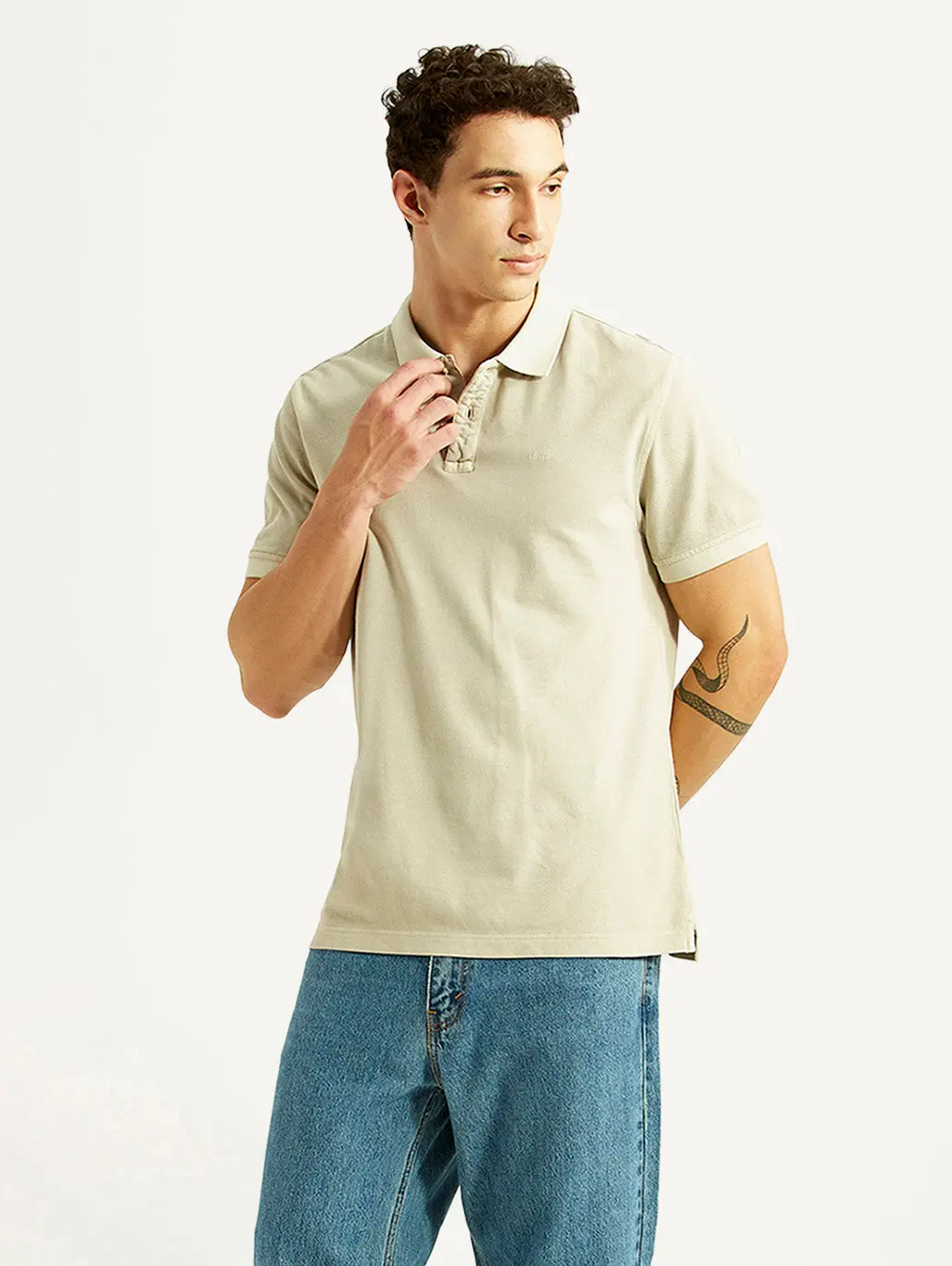 Men's Solid Beige Slim Fit Polo T-Shirt 1
