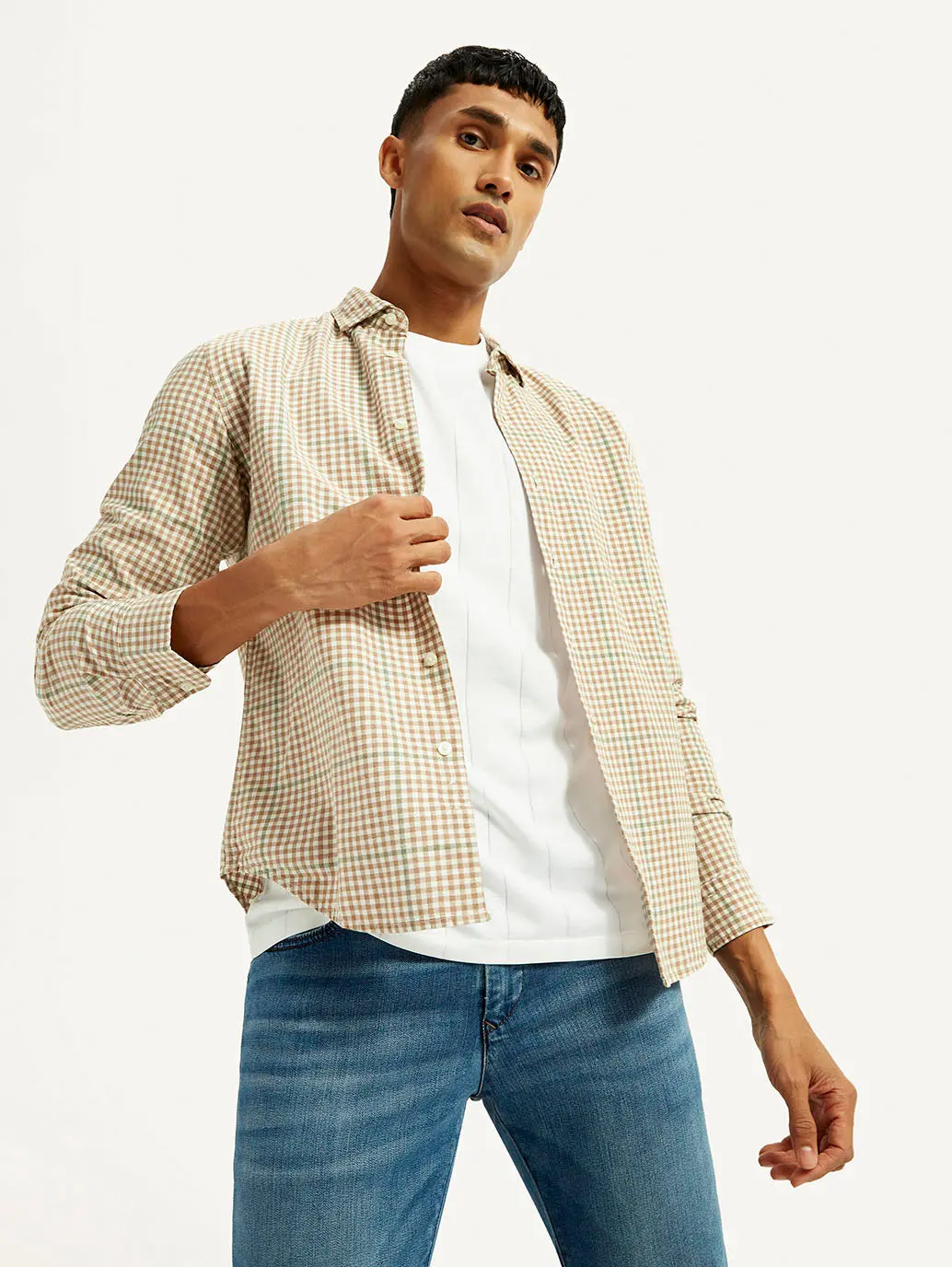 Men's Checkered Peach Slim Fit Shirt 1