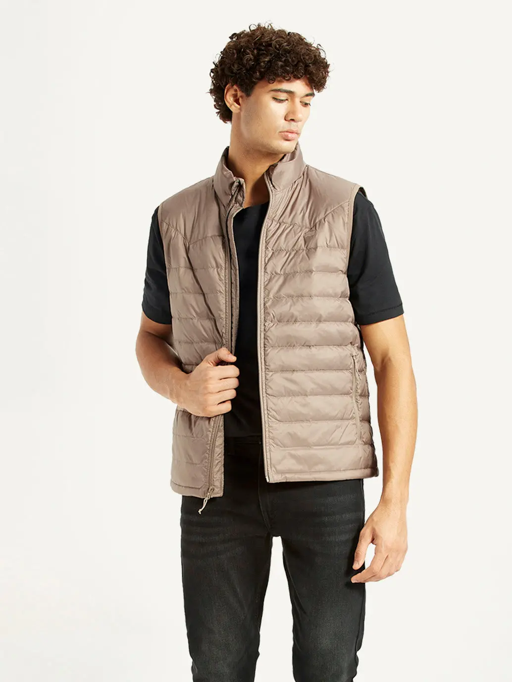 Men's Quilted Taupe Slim Fit Puffer Jacket 1