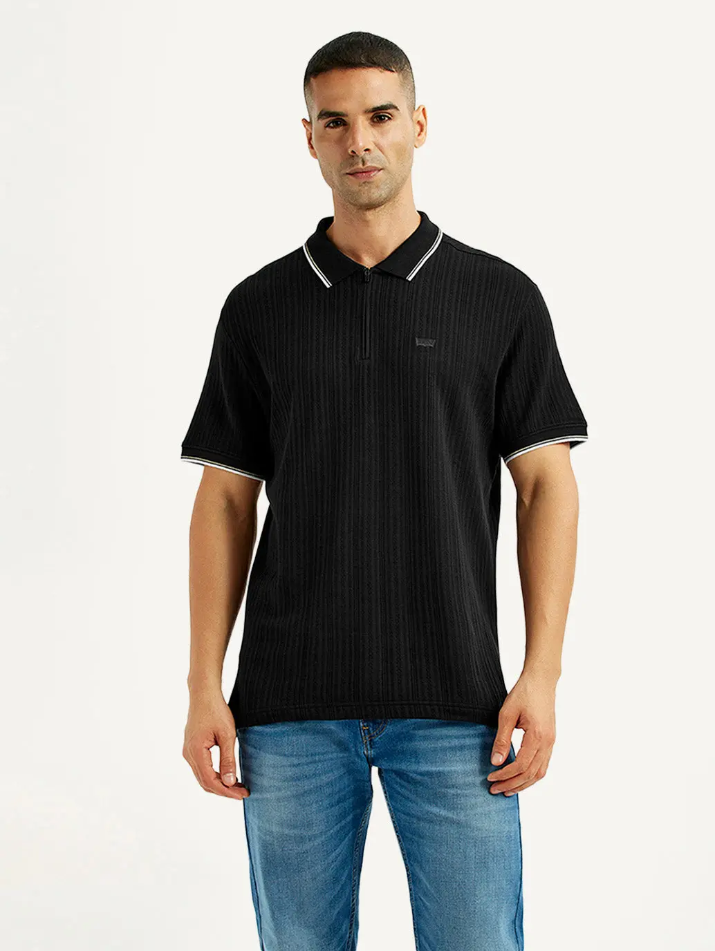 Men's Self Design Black Slim Fit Polo T-Shirt 1