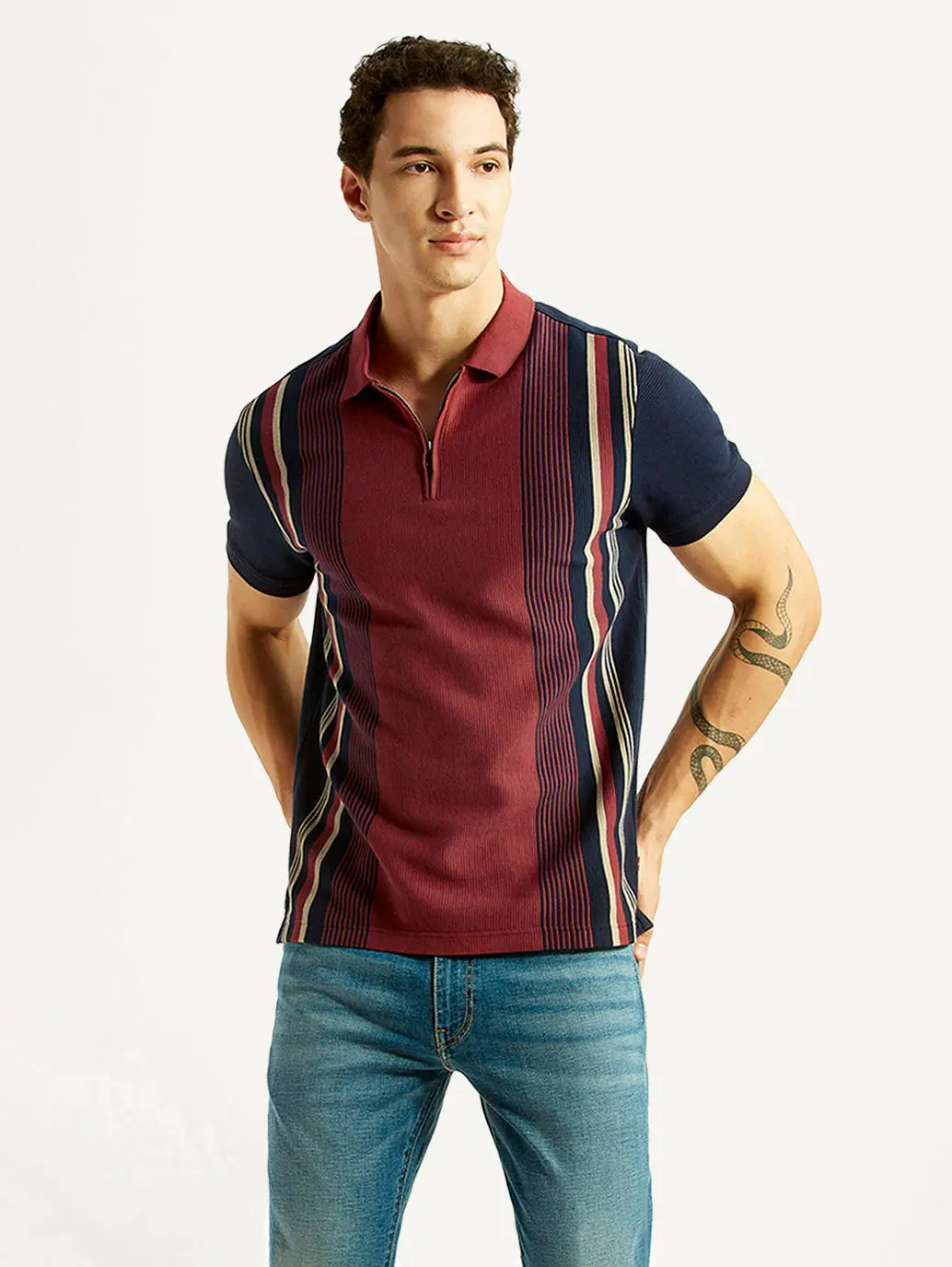 Men's Striped Maroon Slim Fit Polo T-Shirt 1