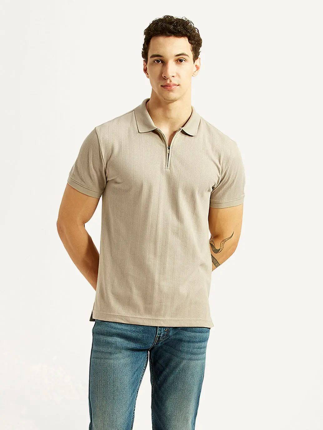 Men's Self Design Beige Slim Fit Polo T-Shirt 1