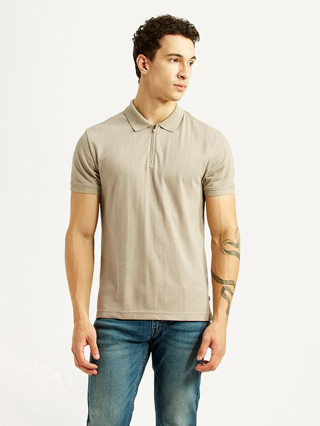 Men's Self Design Beige Slim Fit Polo T-Shirt 2