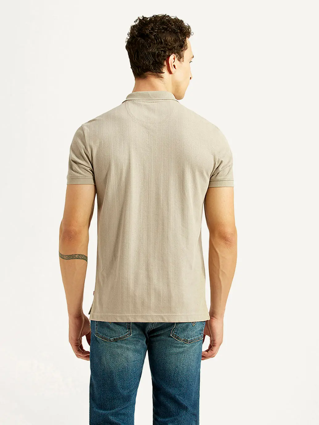 Men's Self Design Beige Slim Fit Polo T-Shirt 3