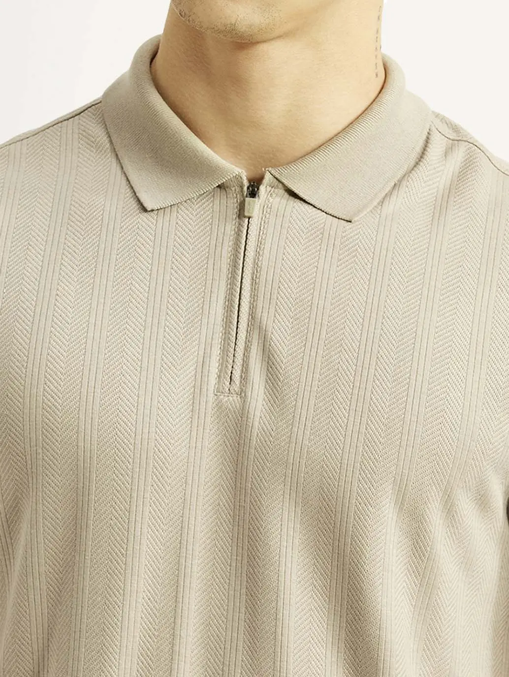 Men's Self Design Beige Slim Fit Polo T-Shirt 4