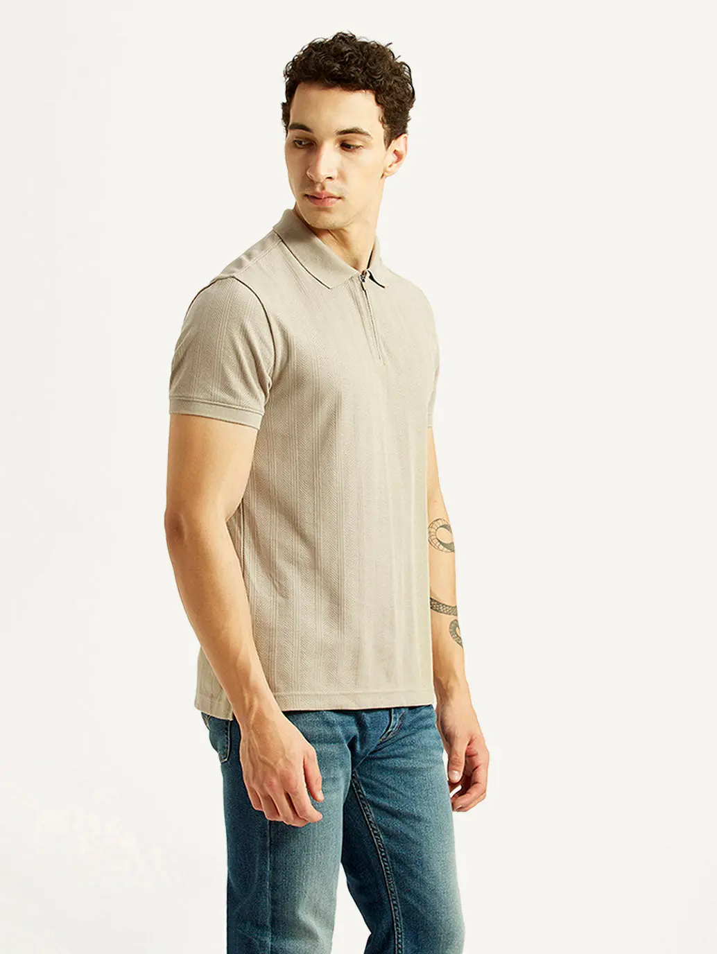 Men's Self Design Beige Slim Fit Polo T-Shirt 5