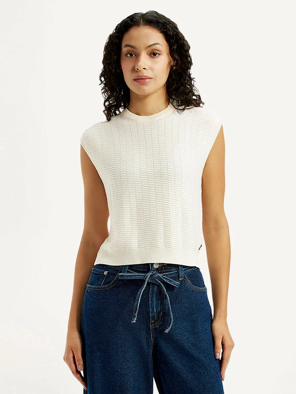 Women's Self Design Off White Crew Neck Top 1