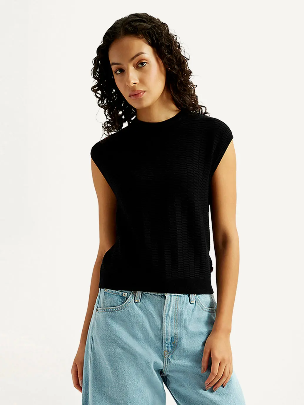 Women's Textured Black Crew Neck Top 1