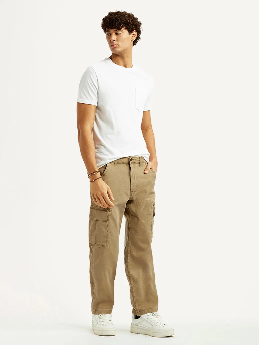 Men's Khaki Overdyed Tapered Fit Mid Rise Cargo Trousers 1