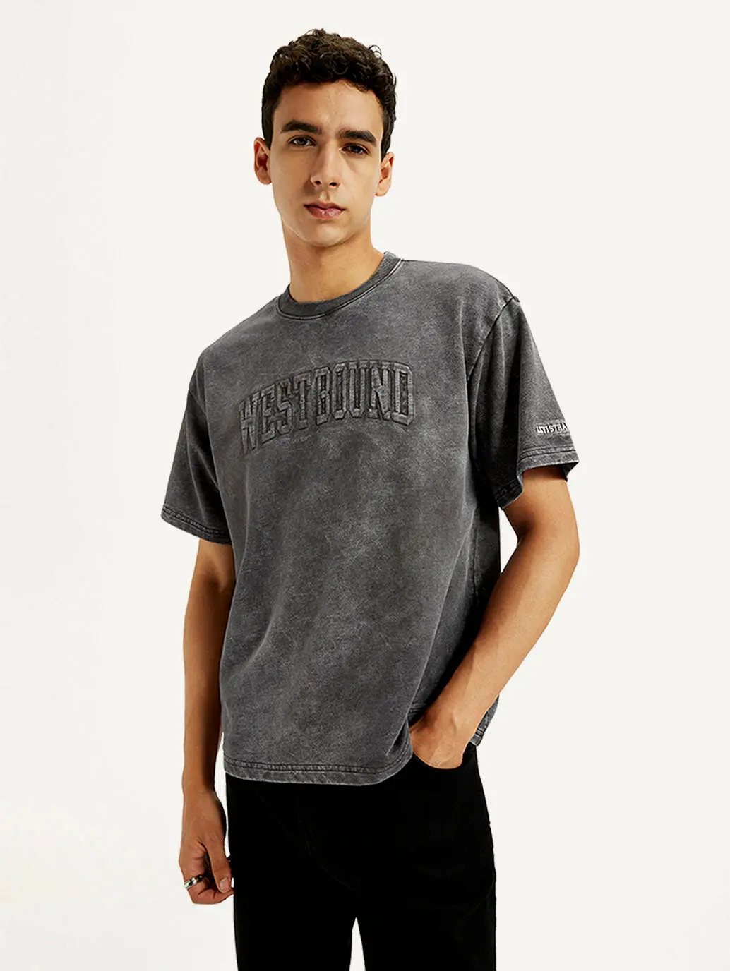 Men's Typographic Print Charcoal Grey Boxy T-Shirt 1