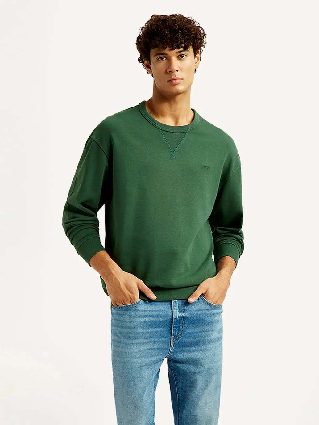 Men's Overdyed Solid Green Crew Neck Sweatshirt 1