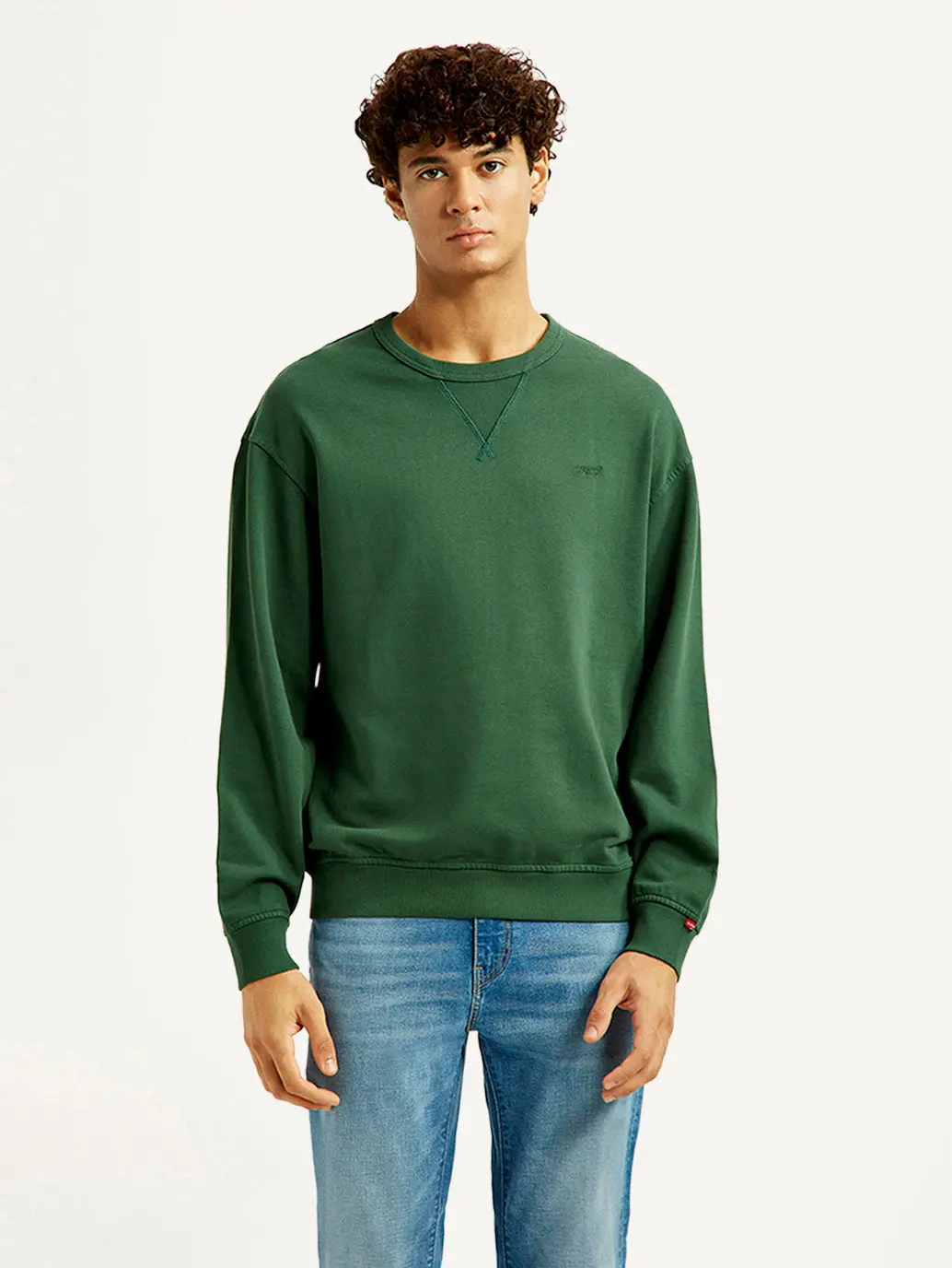 Men's Overdyed Solid Green Crew Neck Sweatshirt 5