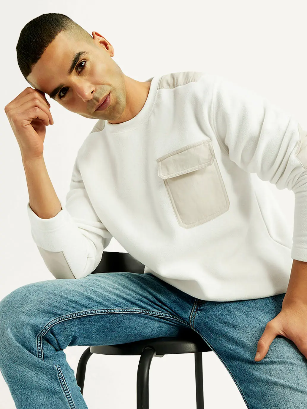 Men's Colorblock White Crew Neck Sweatshirt 1