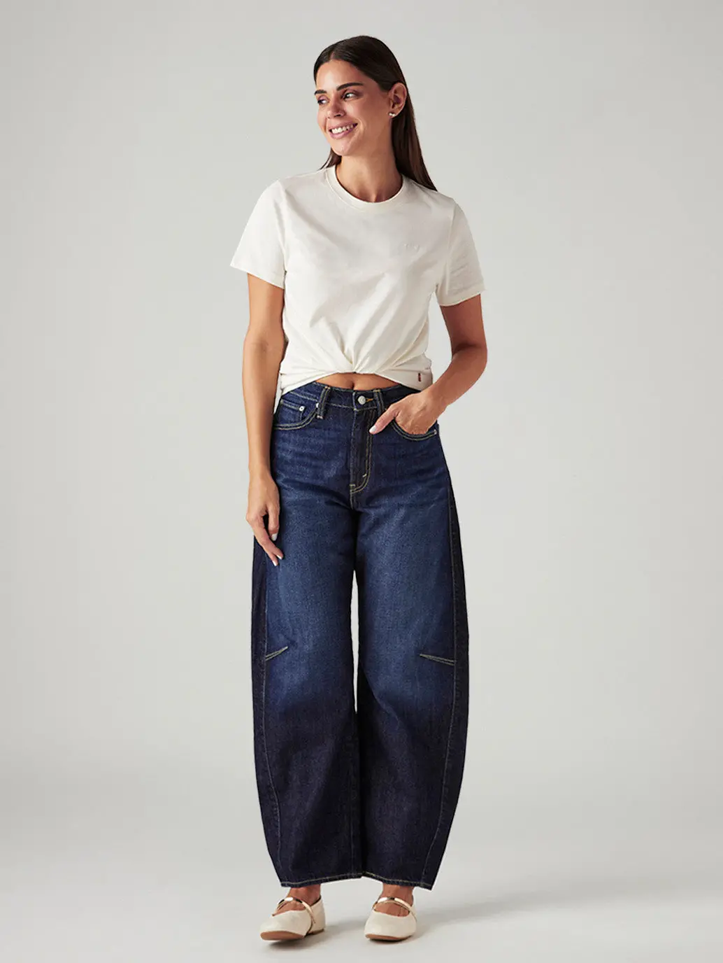 Women's Dark Indigo Cinch Baggy Dad Barrel Mid Rise Jeans 1
