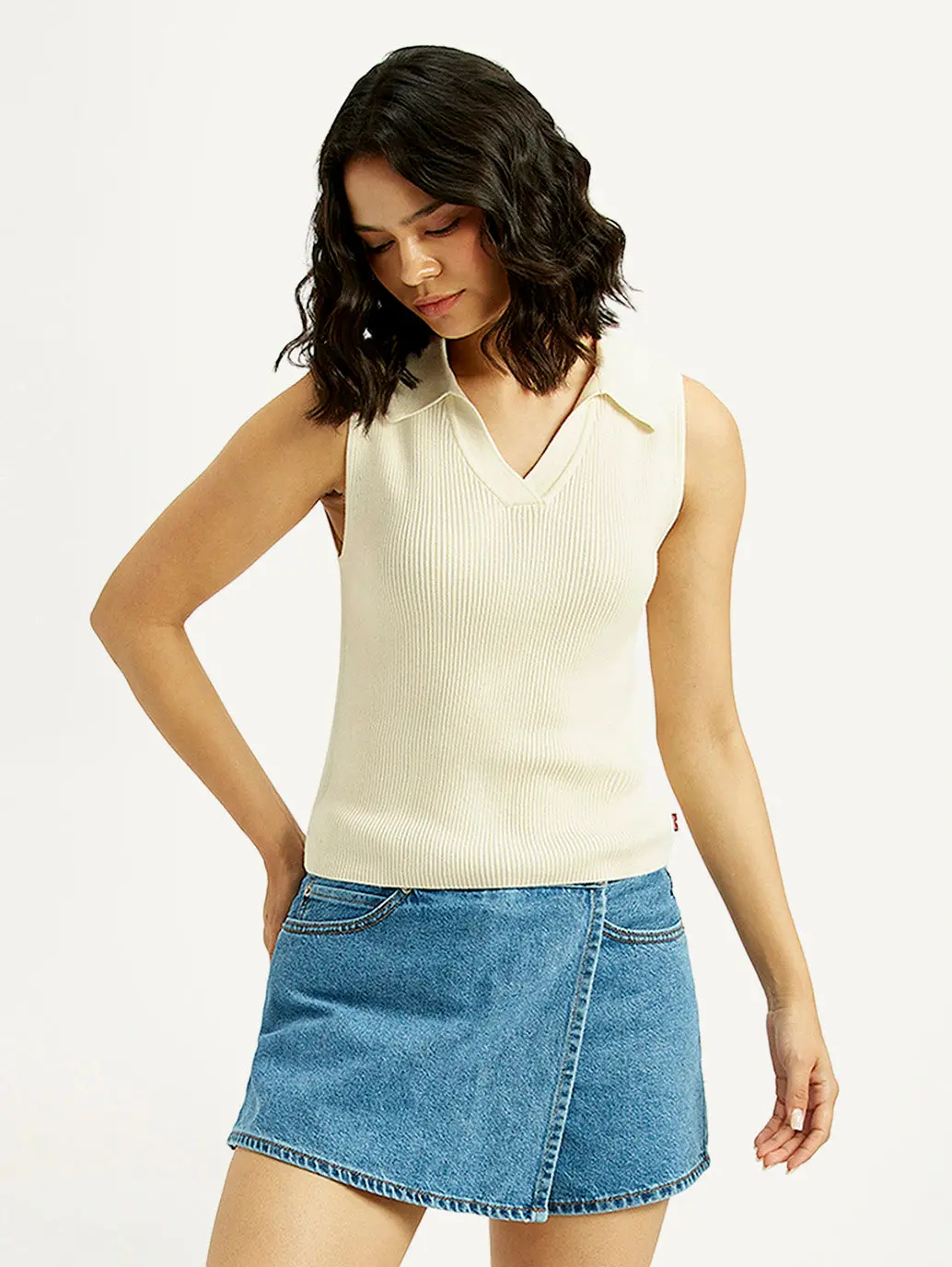 Women's Self Design Off White Polo Collar Top 1