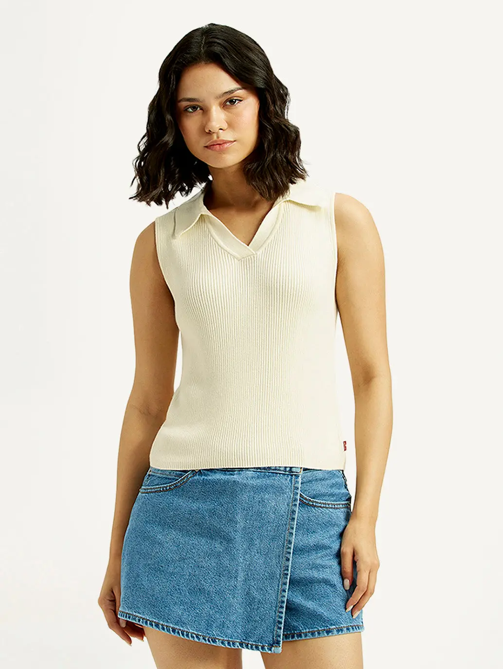 Women's Self Design Off White Polo Collar Top 5