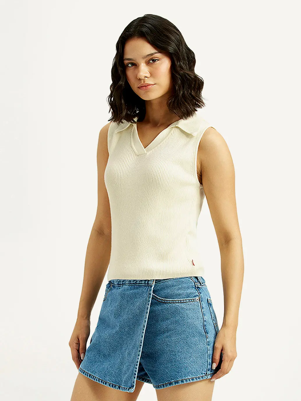 Women's Self Design Off White Polo Collar Top 4
