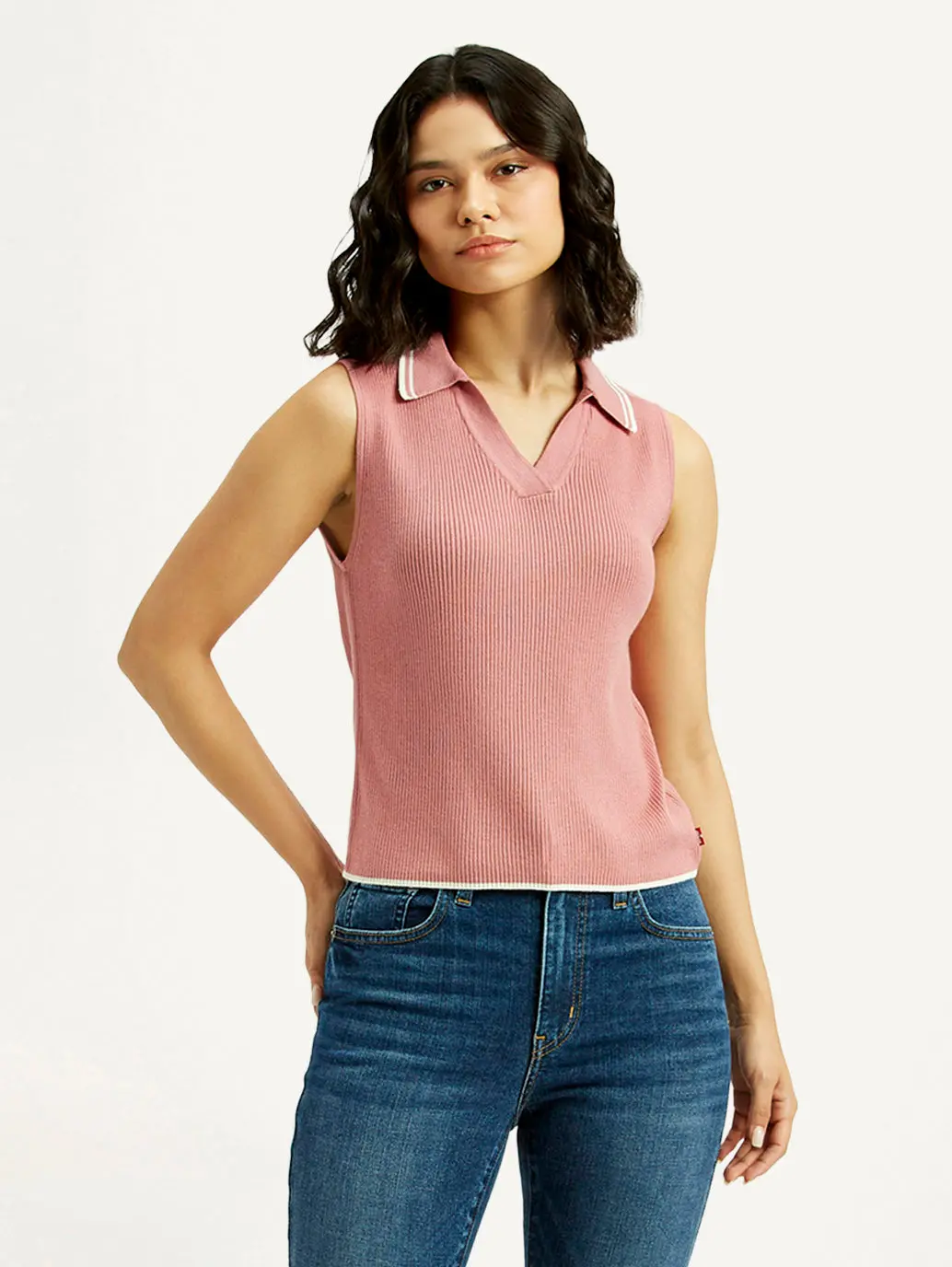 Women's Self Design Pink Polo Collar Top 1