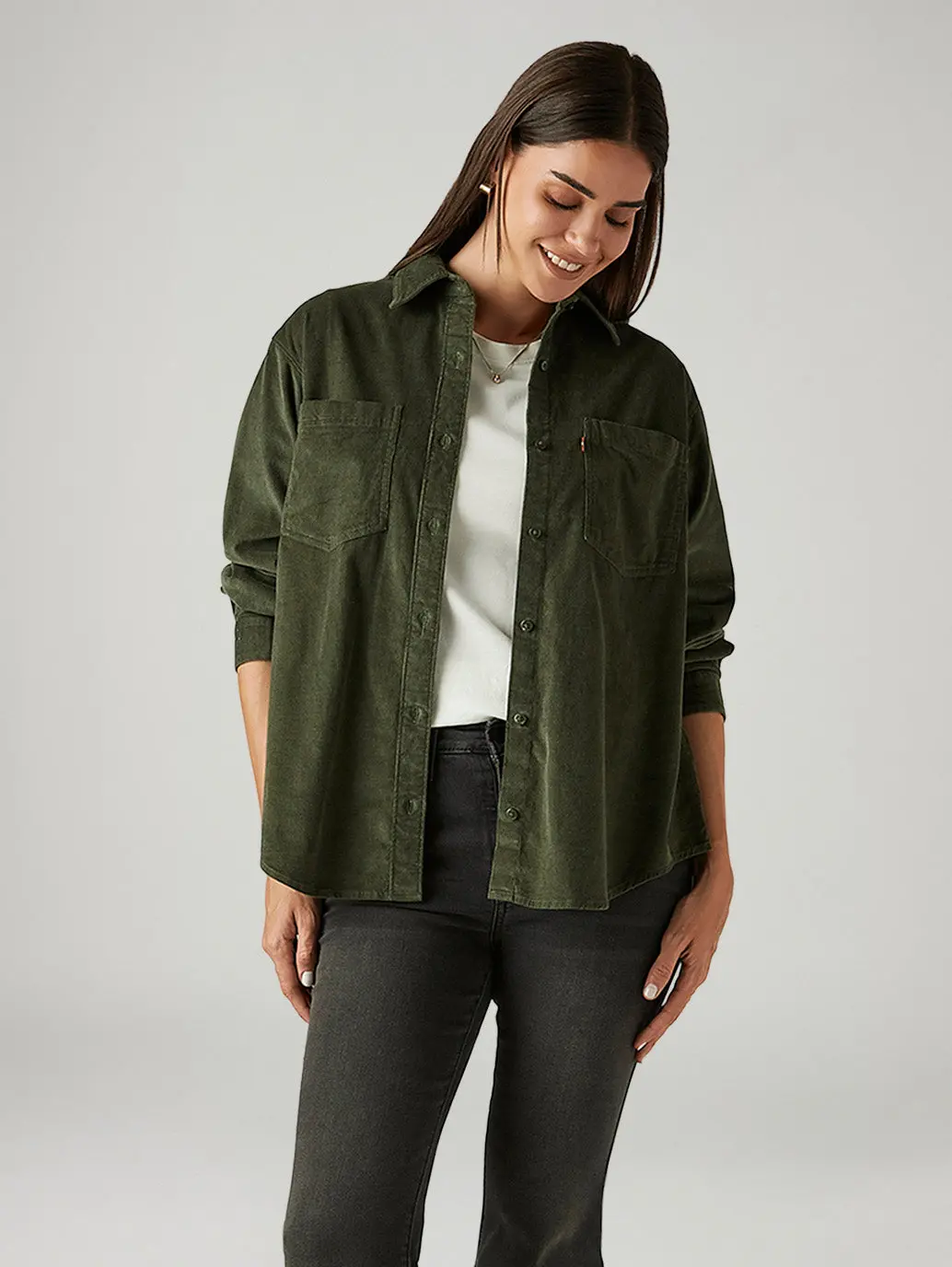 Women's Solid Olive Spread Collar Shirt 1