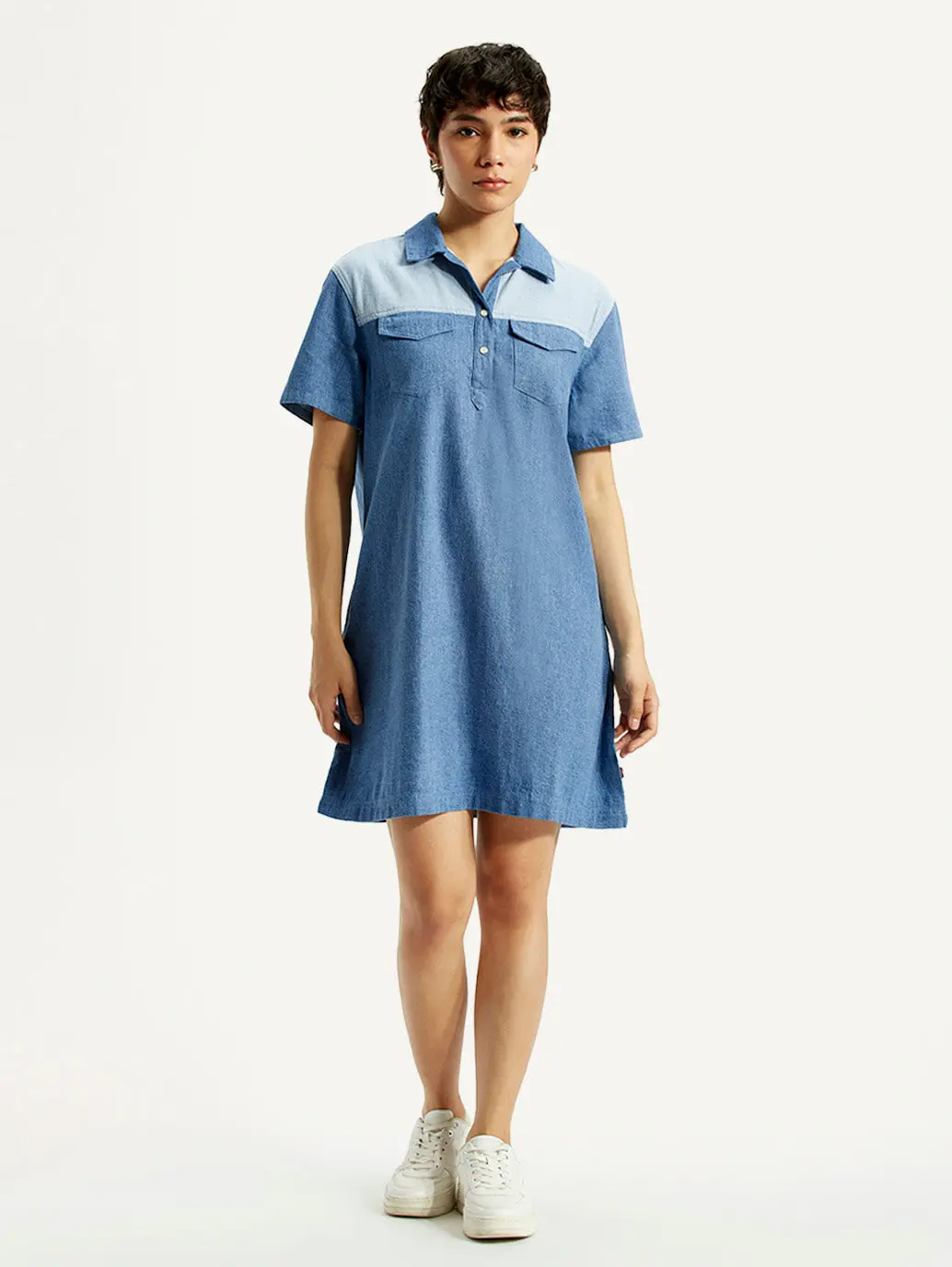 Women's Solid Indigo Shirt Collar Denim Dress 1