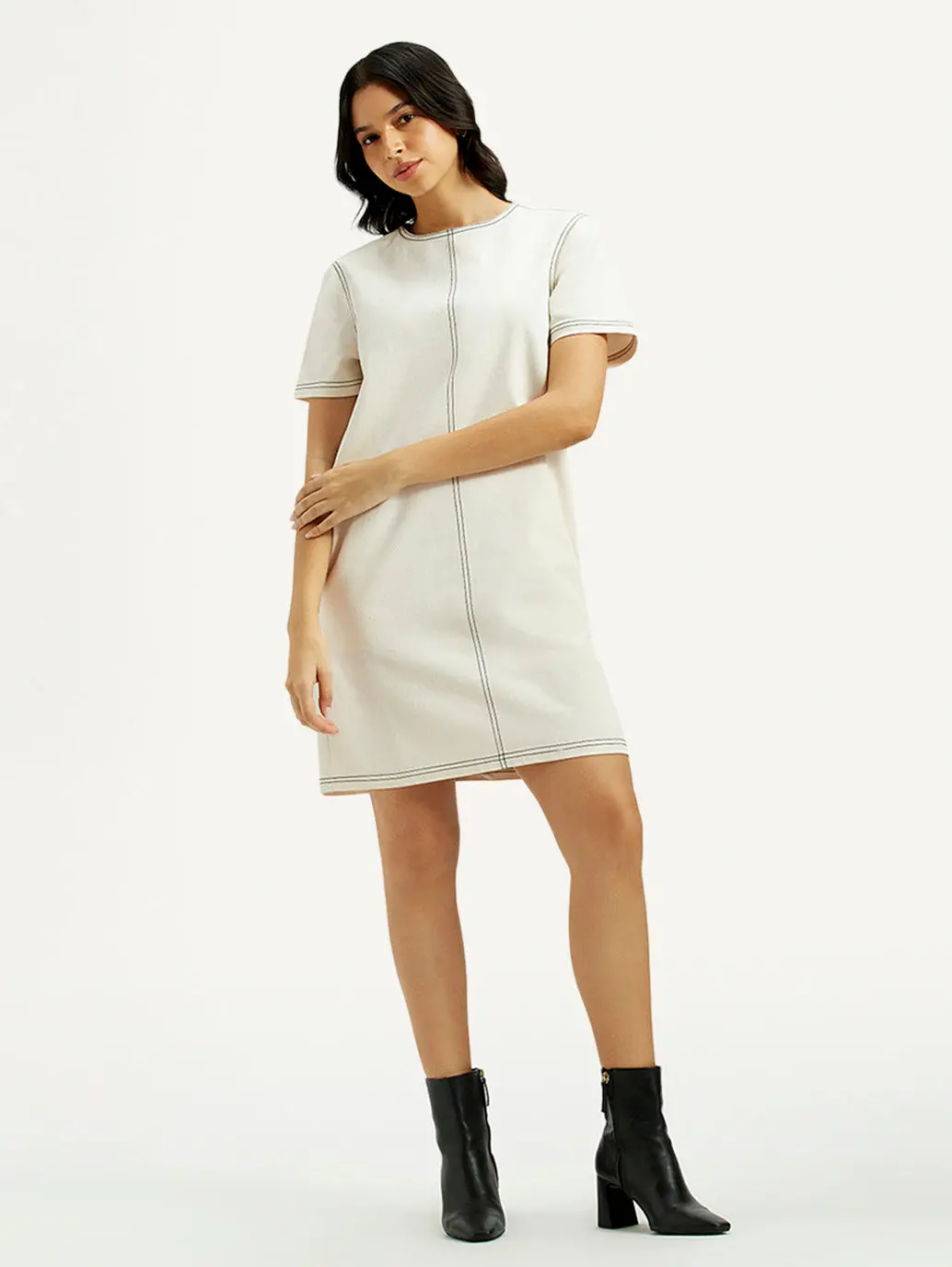 Women's Solid White Round Neck Denim Dress 1