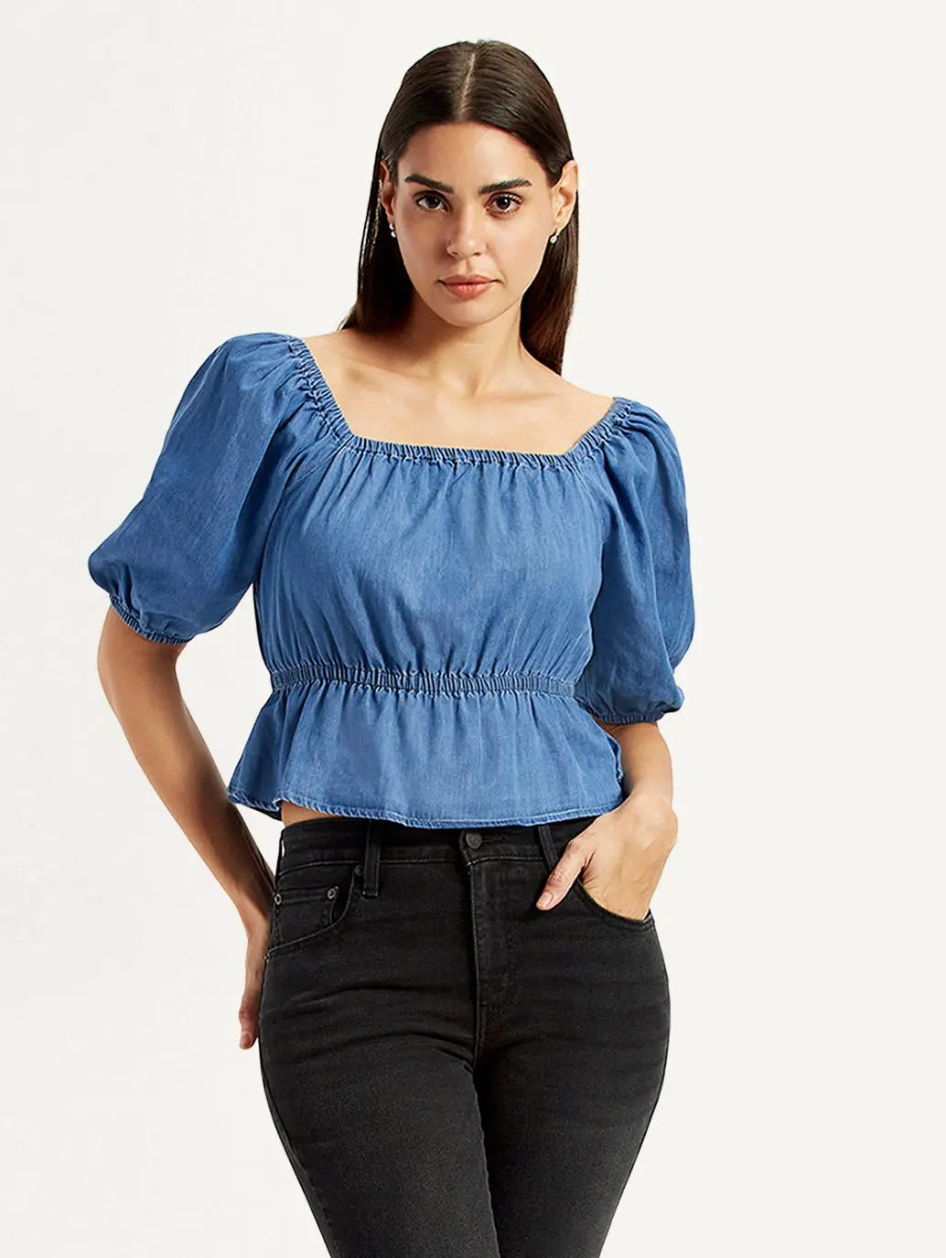 Women's Solid Dark Blue Square Neck Top 1