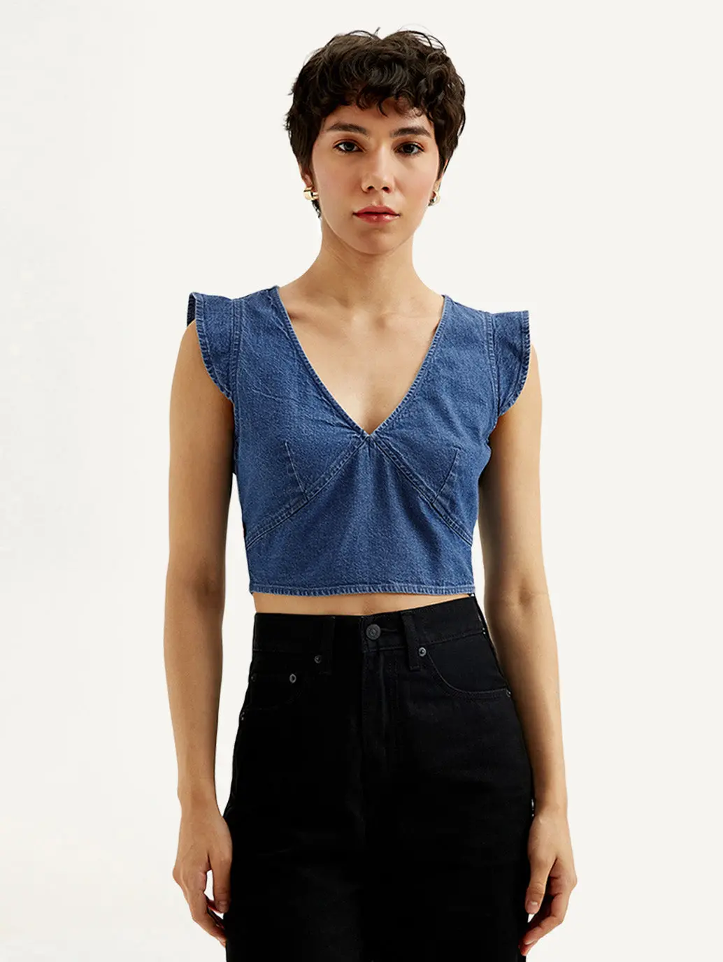 Women's Solid Blue V-Neck Denim Crop Top 1