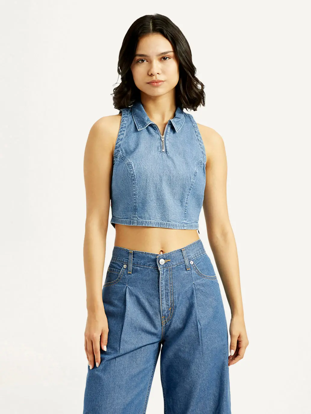 Women's Solid Blue Polo Collar Denim Crop Top 1