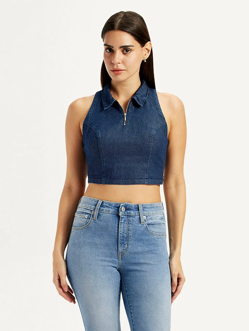 Women's Solid Dark Blue Spread Collar Top 2