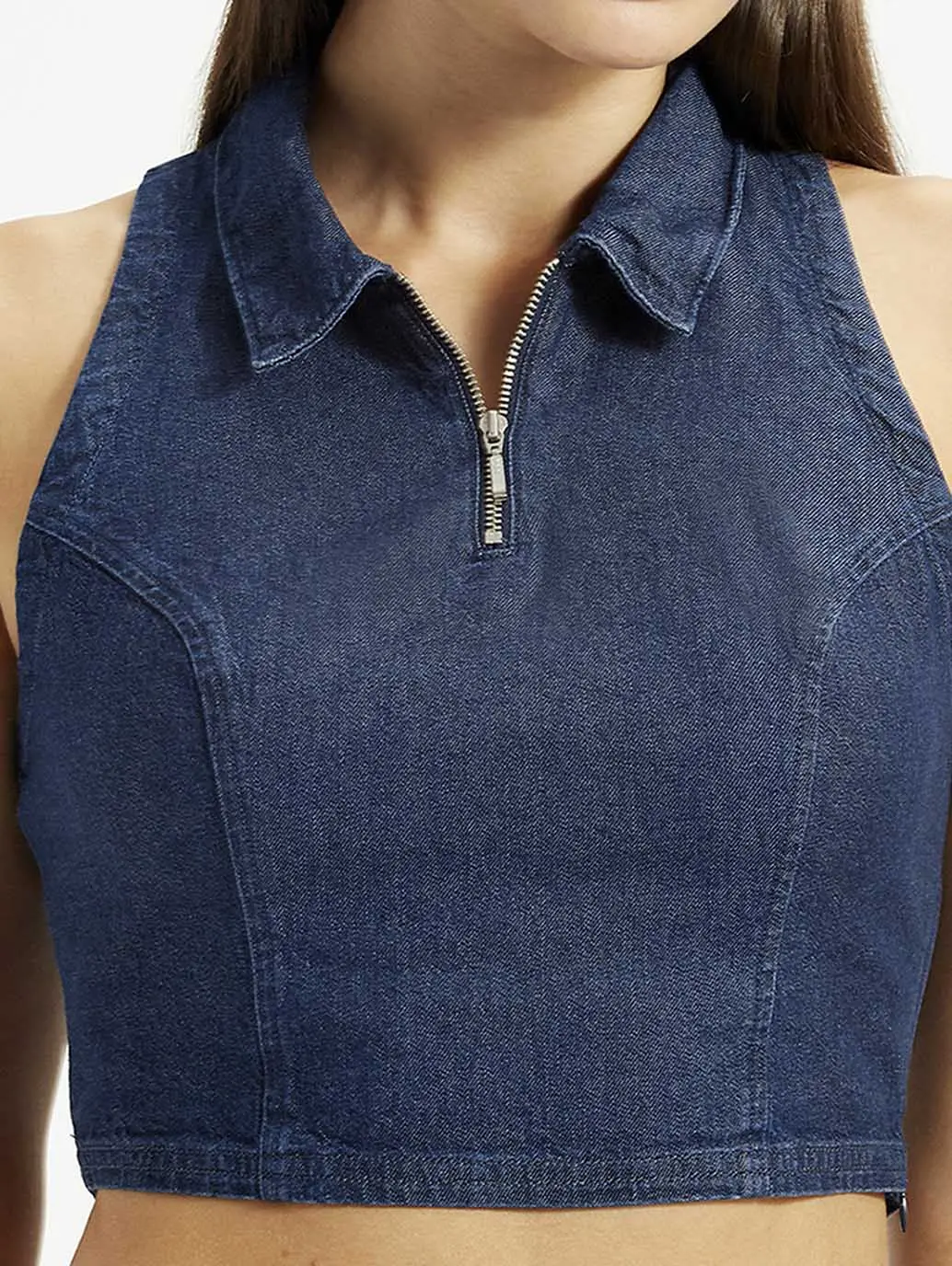 Women's Solid Dark Blue Spread Collar Top 4