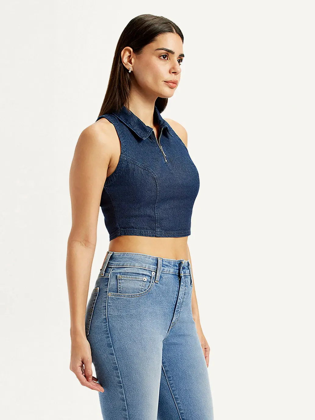 Women's Solid Dark Blue Spread Collar Top 5