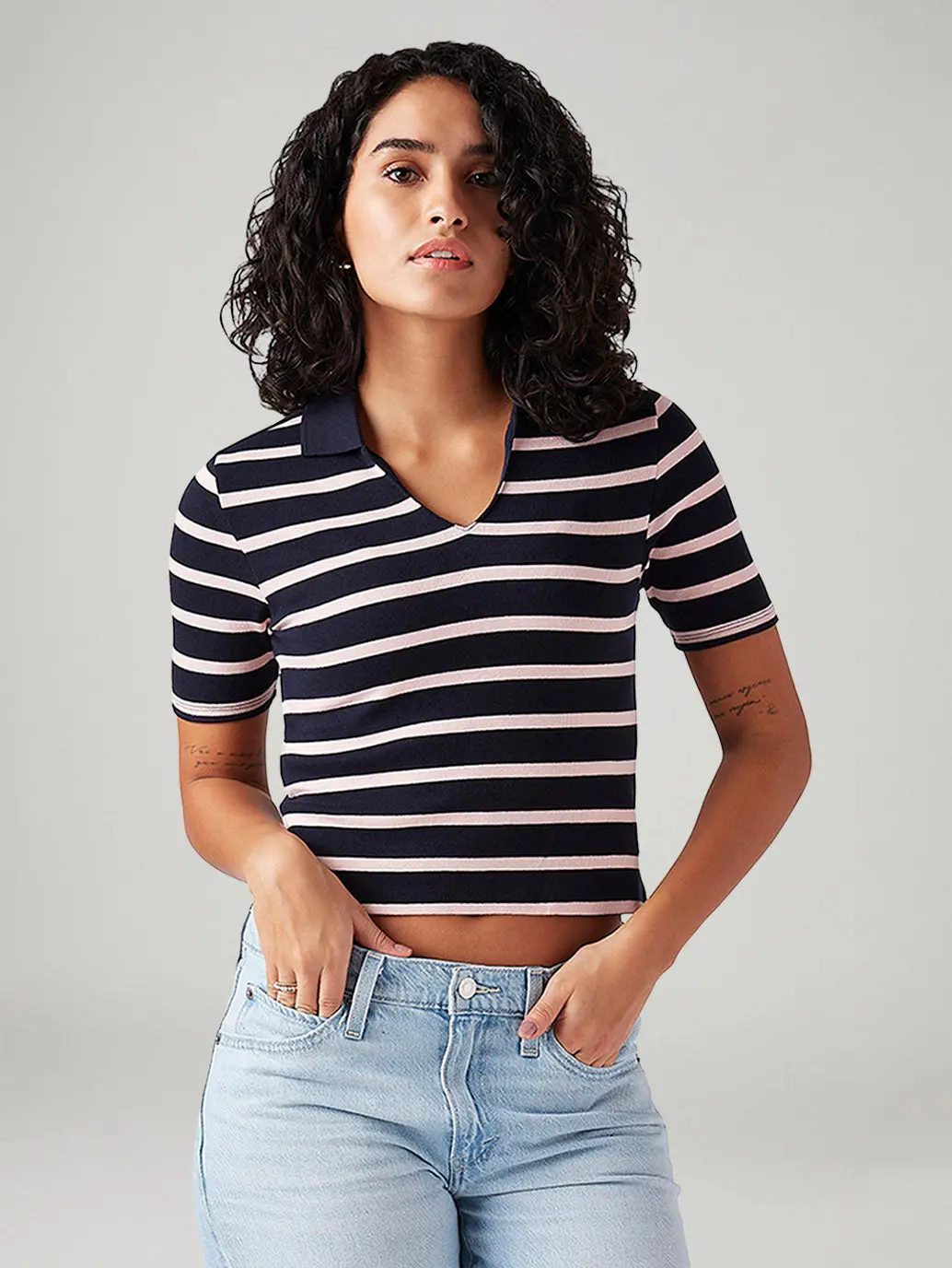Women's Striped Navy Slim Fit Polo T-Shirt 1