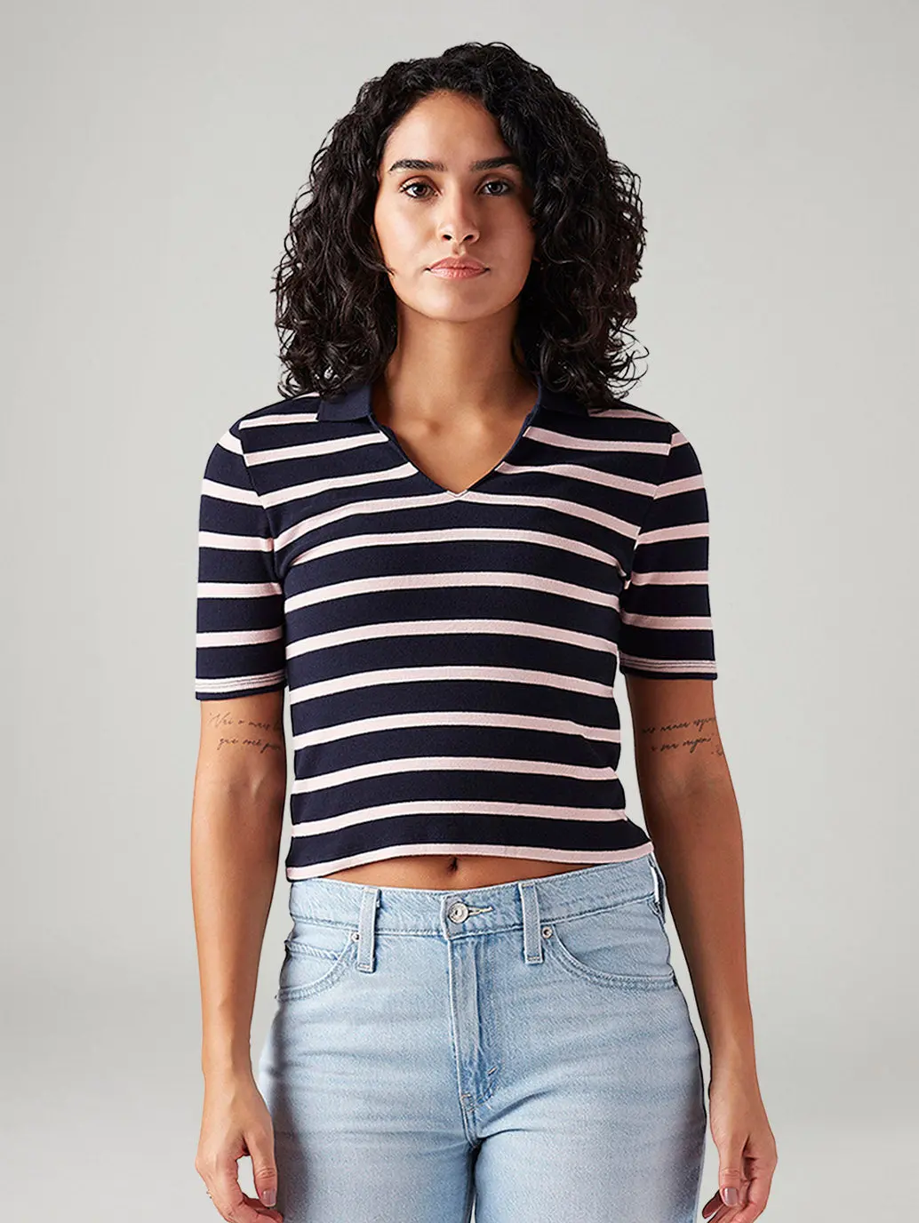 Women's Striped Navy Slim Fit Polo T-Shirt 2