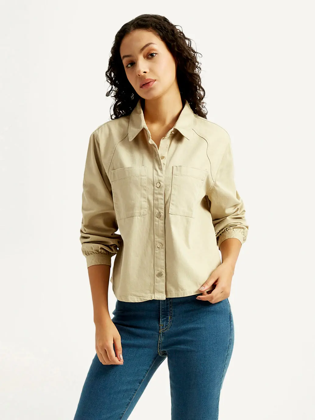 Women's Solid Spread Collar Denim Shirt 1