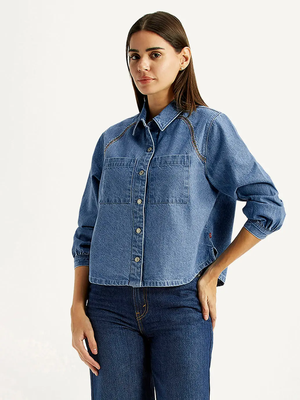 Women's Solid Indigo Spread Collar Relaxed Fit Shirt 1