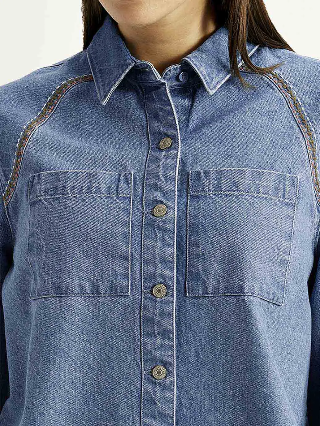 Women's Solid Indigo Spread Collar Relaxed Fit Shirt 3